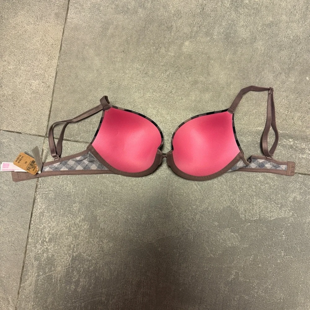 PINK Victoria’s Secret Wear Everywhere Push Up Bra Mocha Brown Black Plaid 32C - Picture 2 of 8